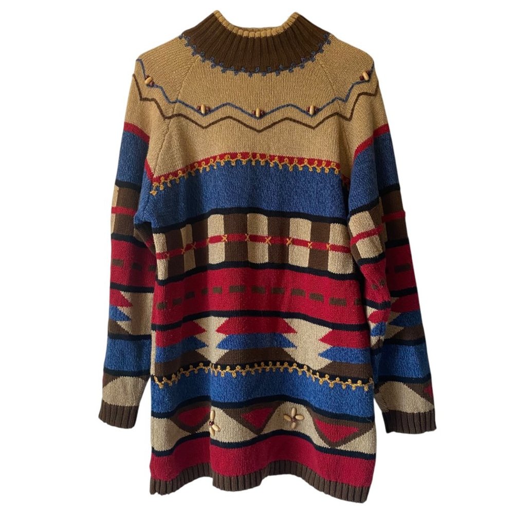 Vintage Lizsport Multicolor Geometric Southwest‎ Sweater Tunic Beaded Women M